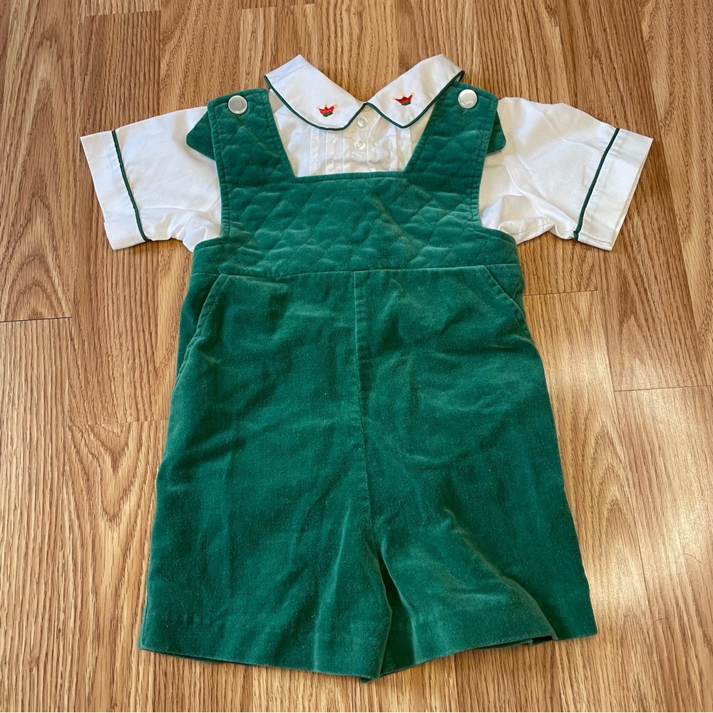 VTG TINY TOTS ORIGINAL GREEN WHITE EMBROIDERED CROWN PRINCE OVERALLS SIZE 4 BOYS